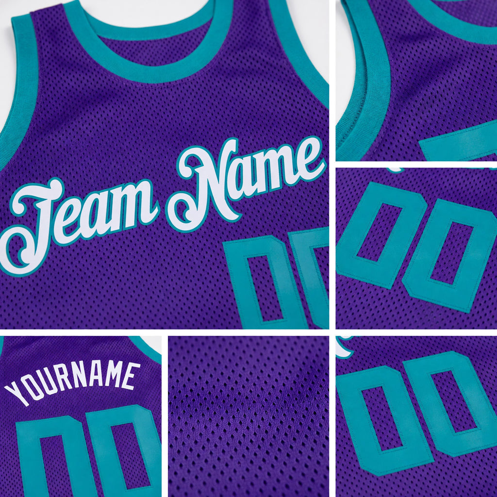Custom Purple Teal-White Authentic Throwback Basketball Jersey detail