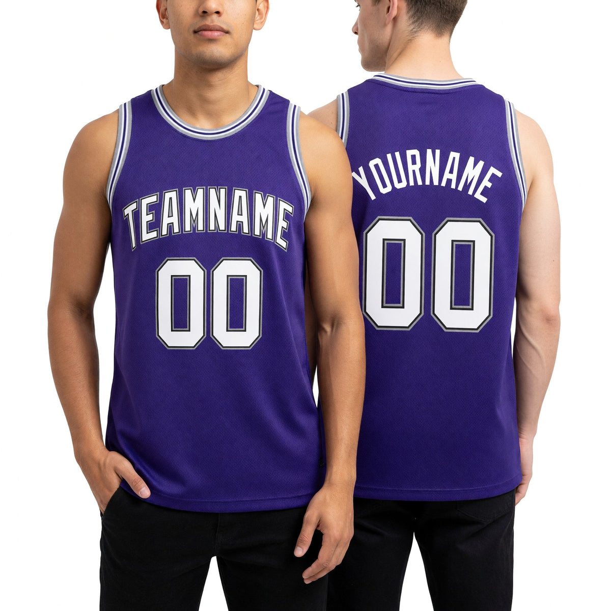Custom Purple White-Gray Authentic Throwback Basketball Jersey worn front and back