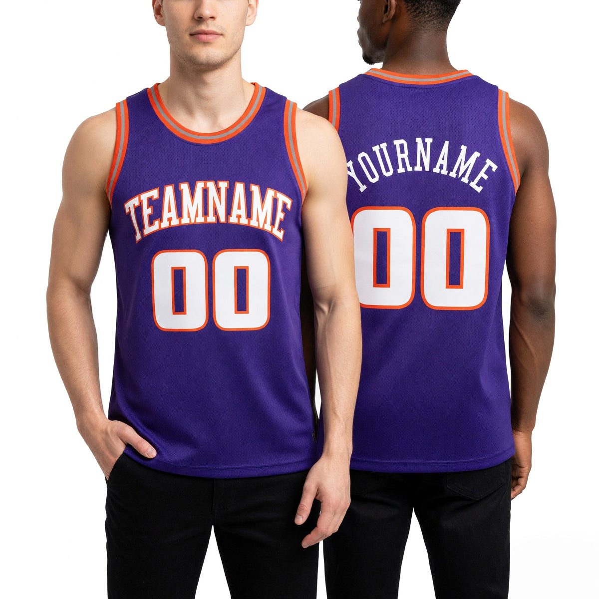 Custom Purple White-Orange Authentic Throwback Basketball Jersey worn front and back