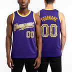 Custom Purple Camo-Gold Authentic Throwback Basketball Jersey worn front and back