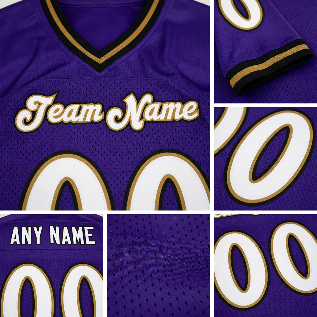Custom Purple White-Old Gold Mesh Authentic Throwback Football Jersey detail
