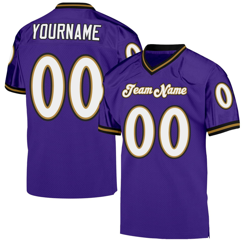 Custom Purple White-Old Gold Mesh Authentic Throwback Football Jersey photo 1