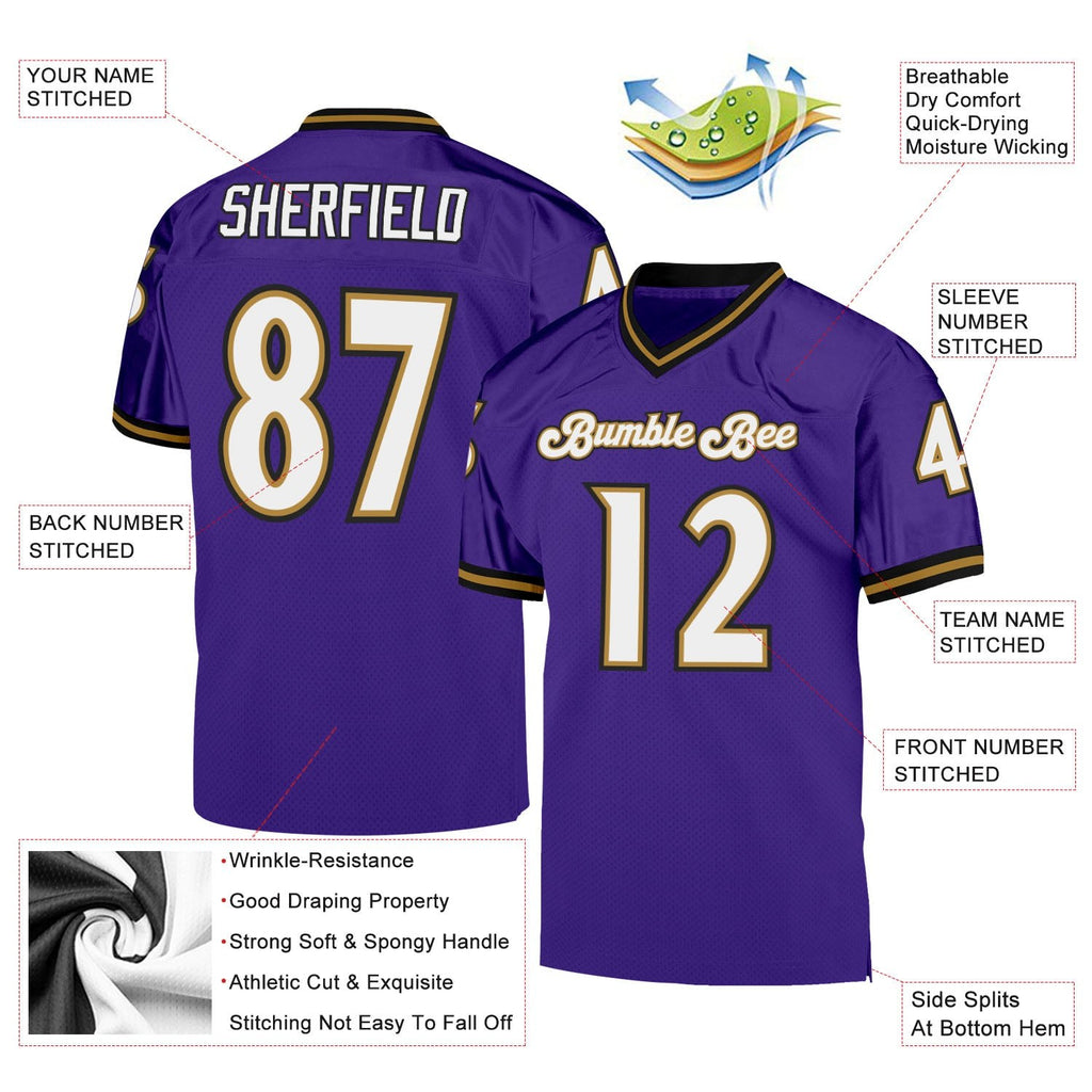 Custom Purple White-Old Gold Mesh Authentic Throwback Football Jersey photo 4