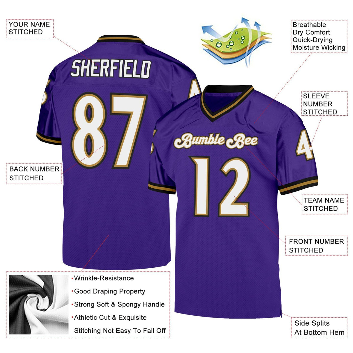 Custom Purple White-Old Gold Mesh Authentic Throwback Football Jersey photo 4