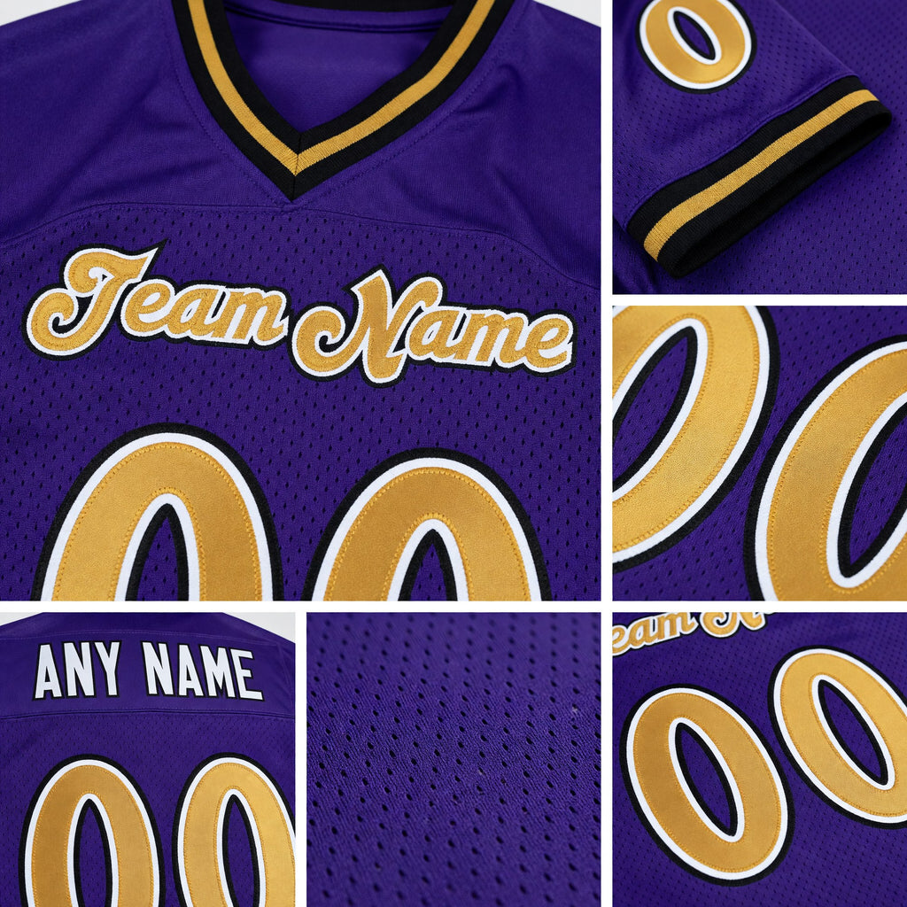 Custom Purple Old Gold-Black Mesh Authentic Throwback Football Jersey detail