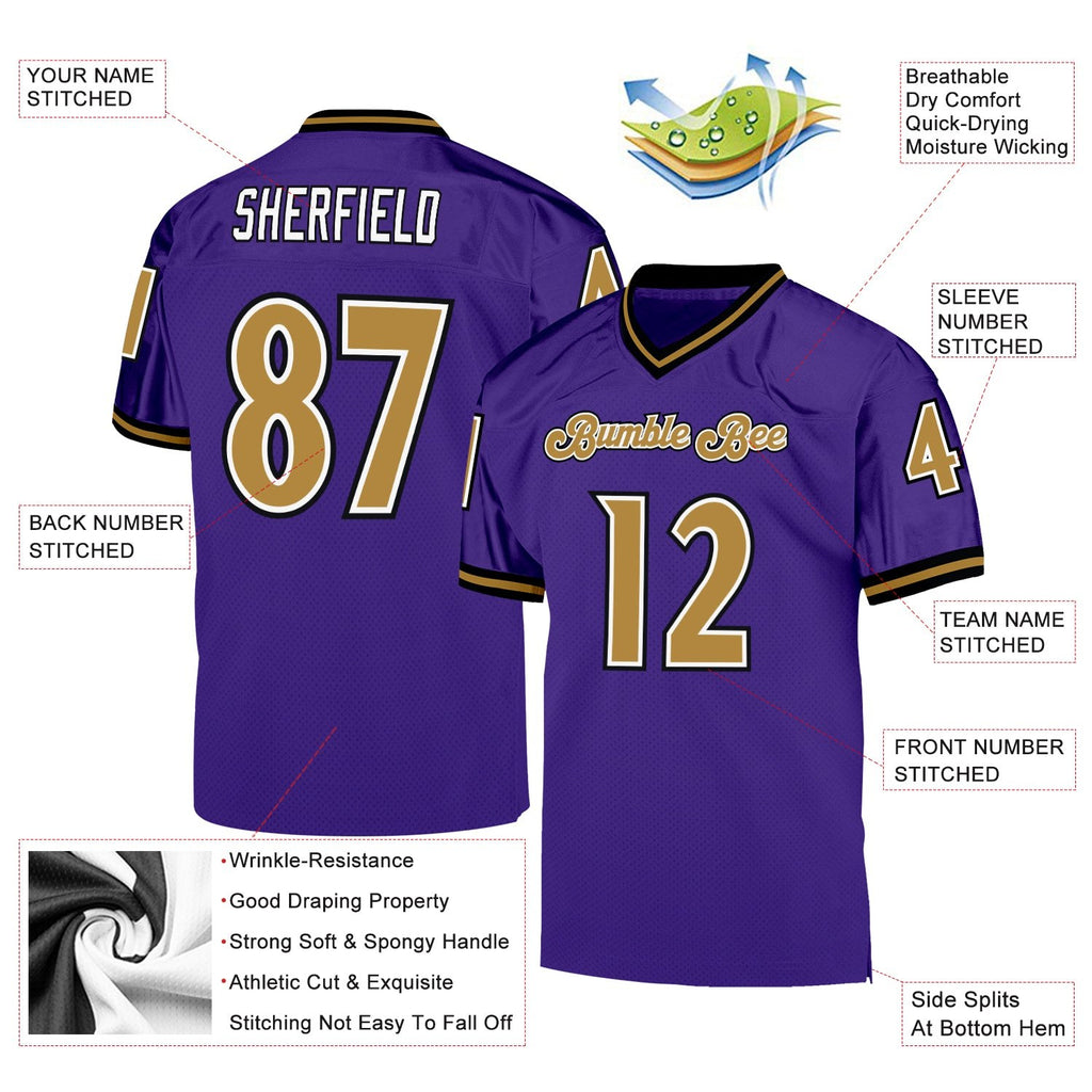 Custom Purple Old Gold-Black Mesh Authentic Throwback Football Jersey photo 4