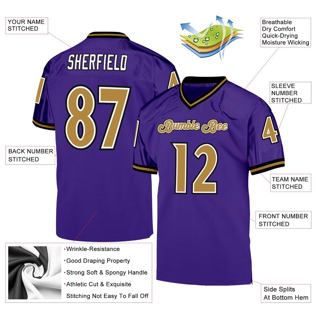 Custom Purple Old Gold-Black Mesh Authentic Throwback Football Jersey photo 4
