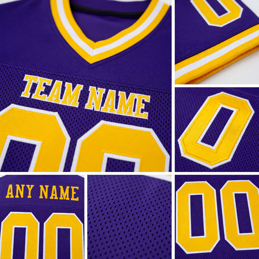 Custom Purple Gold-White Mesh Authentic Throwback Football Jersey detail