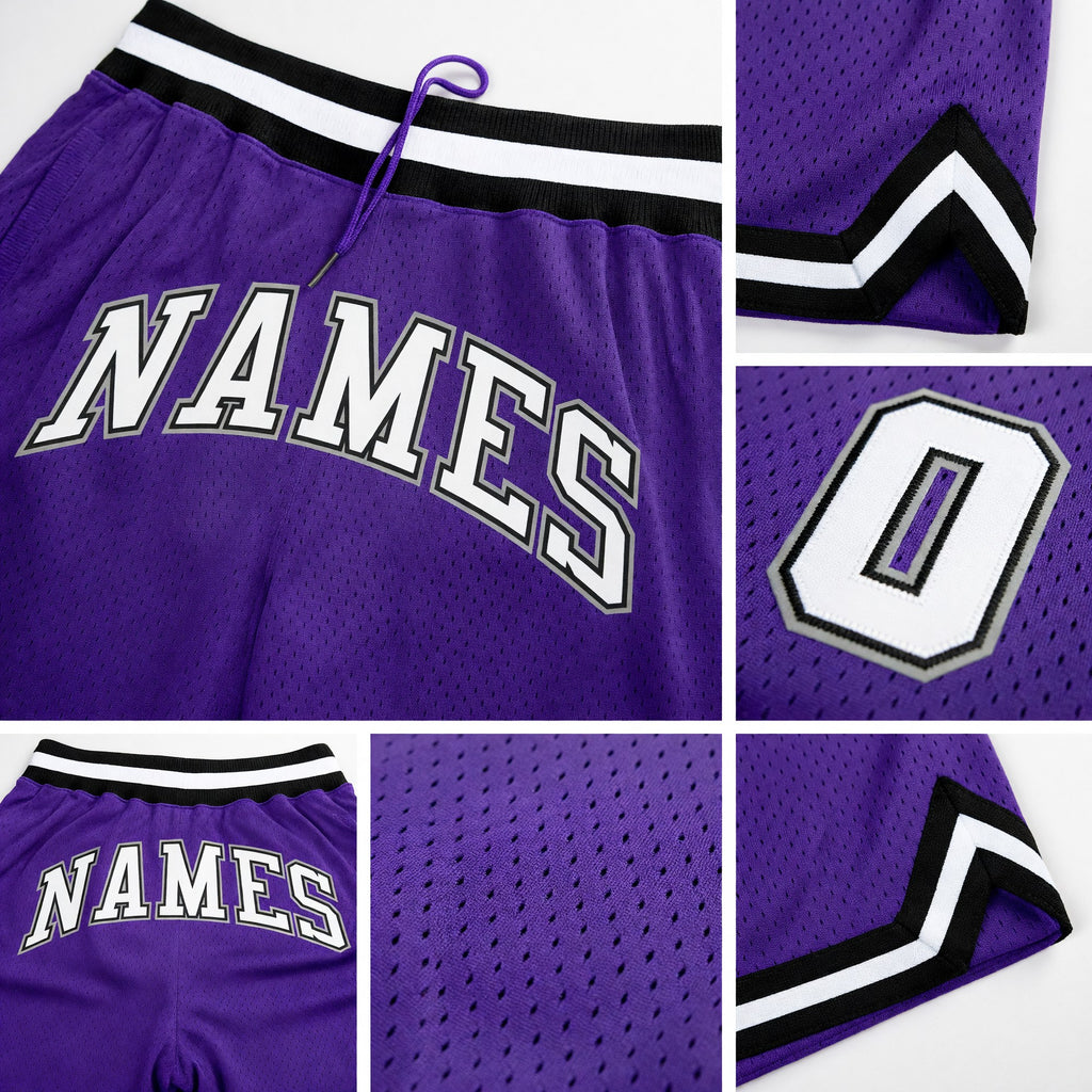 Custom Purple White-Black Authentic Throwback Basketball Shorts detail