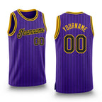Custom Purple Black Pinstripe Black-Gold Authentic Basketball Jersey