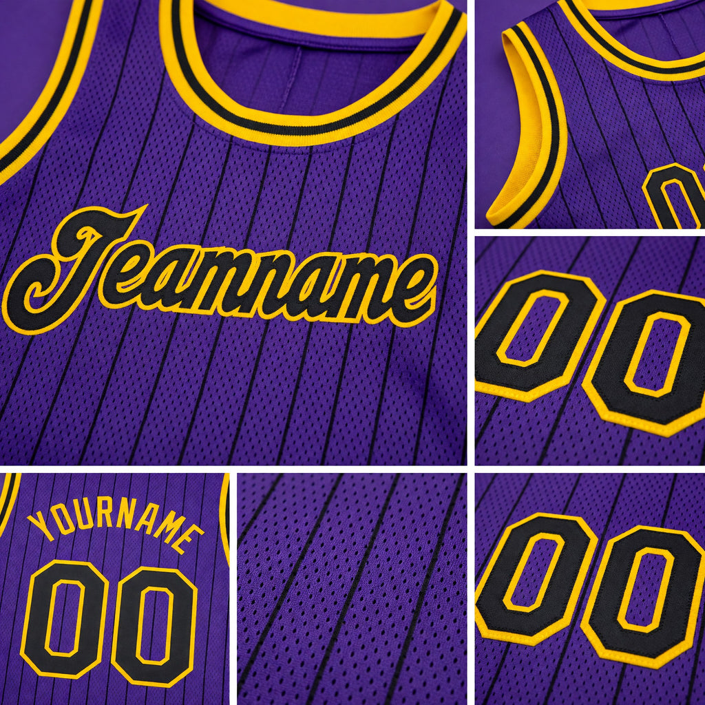 Custom Purple Black Pinstripe Black-Gold Authentic Basketball Jersey detail