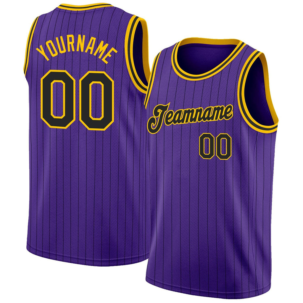 Custom Purple Black Pinstripe Black-Gold Authentic Basketball Jersey photo 1
