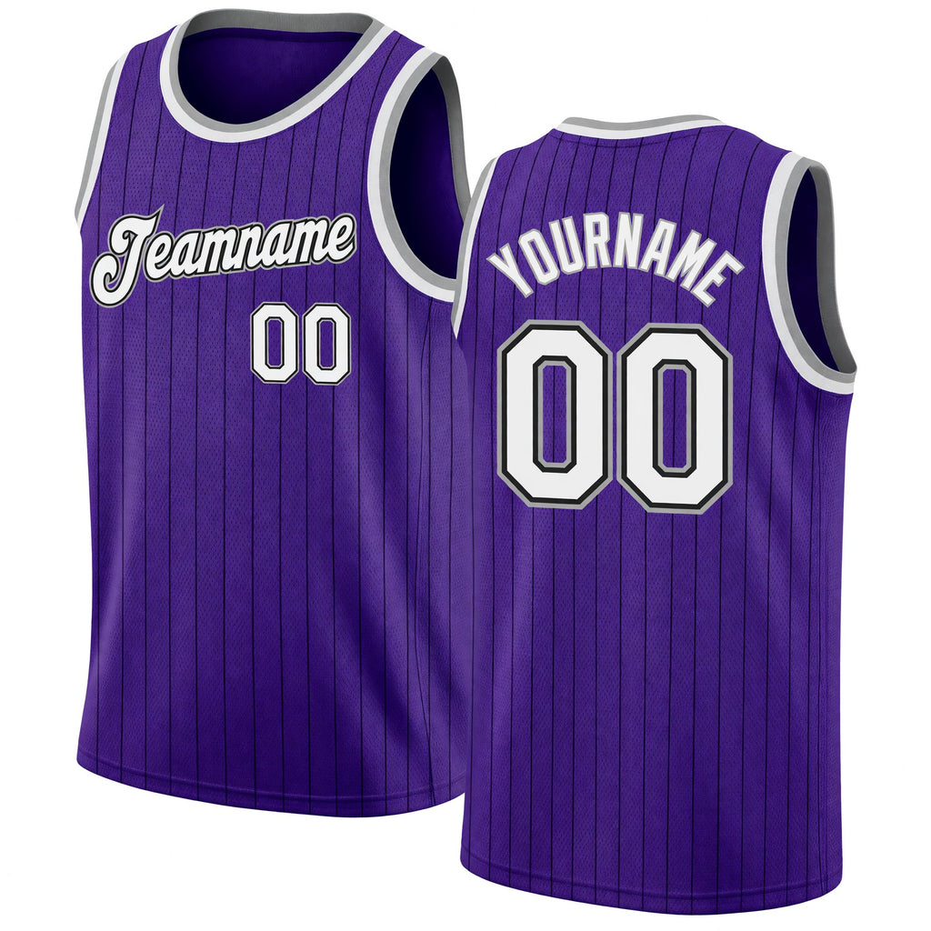 Custom Purple Black Pinstripe White-Gray Authentic Basketball Jersey