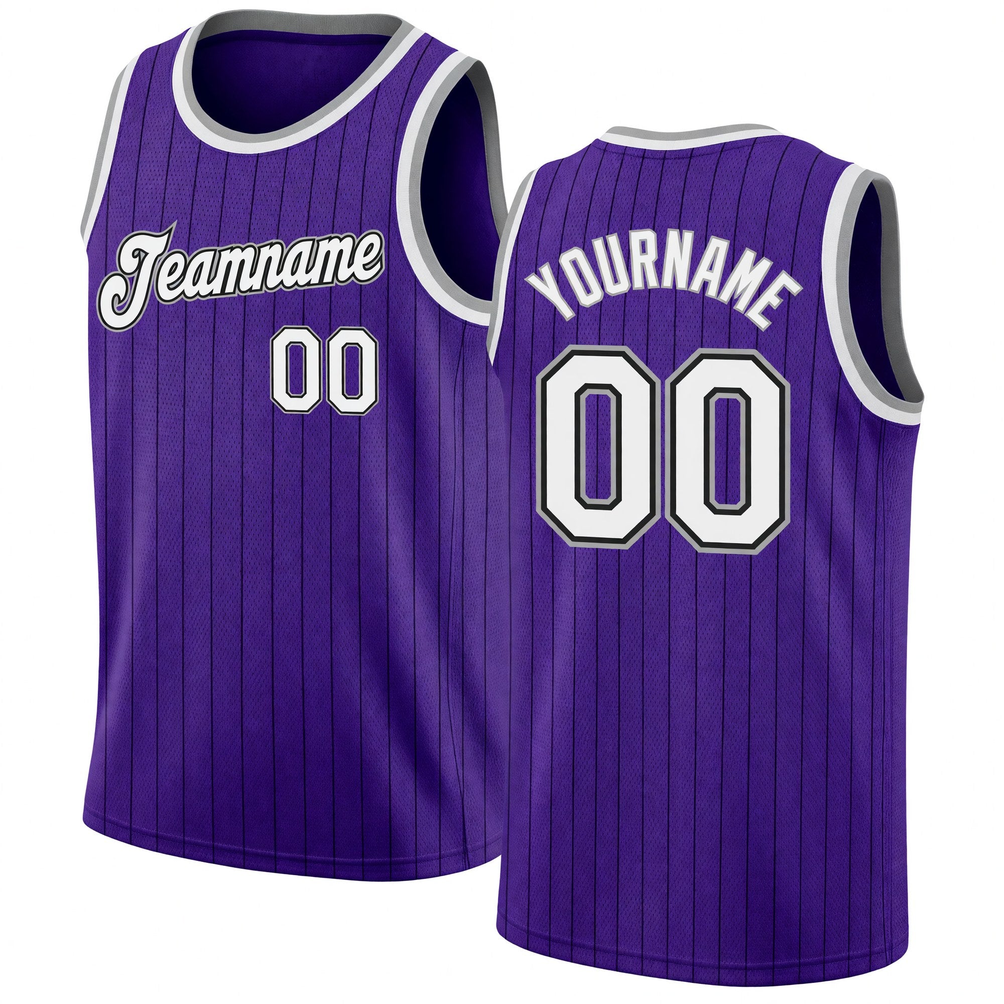 Custom Purple Black Pinstripe White-Gray Authentic Basketball Jersey
