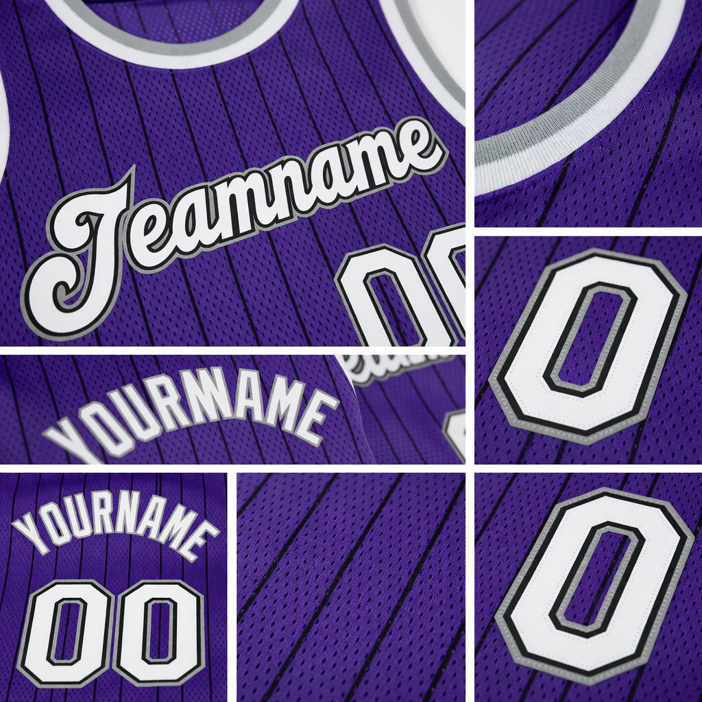 Custom Purple Black Pinstripe White-Gray Authentic Basketball Jersey detail