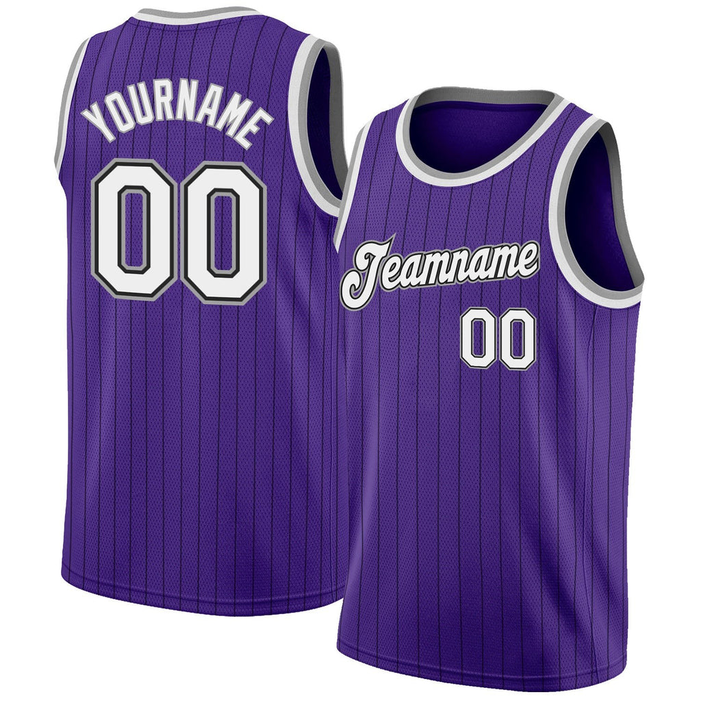 Custom Purple Black Pinstripe White-Gray Authentic Basketball Jersey photo 1