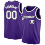Custom Purple Black Pinstripe White-Gray Authentic Basketball Jersey photo 1