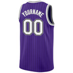 Custom Purple Black Pinstripe White-Gray Authentic Basketball Jersey photo 5
