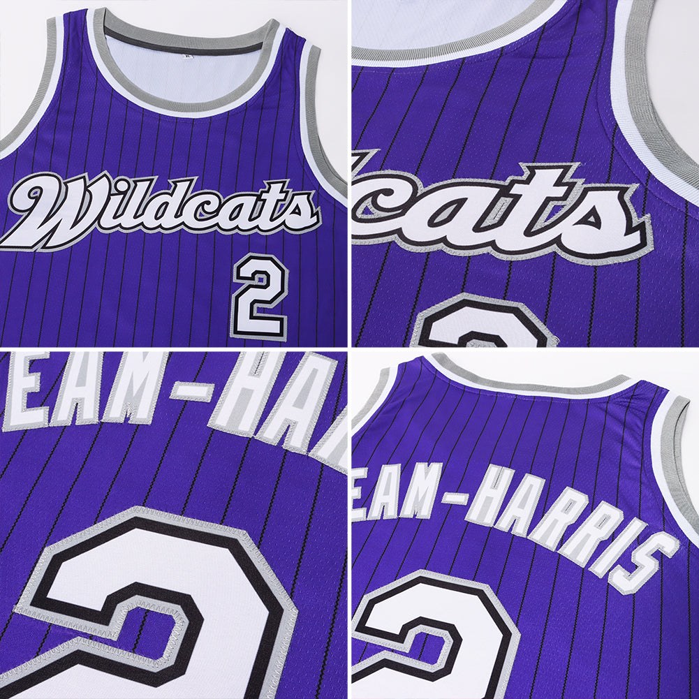 Custom Purple Black Pinstripe White-Gray Authentic Basketball Jersey photo 6