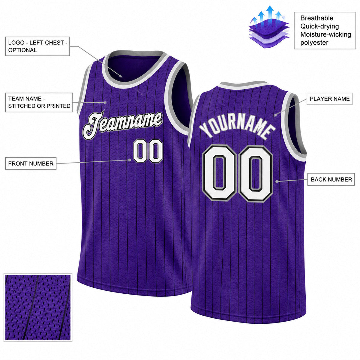 Custom Purple and Black Pinstripe Authentic Basketball Jersey with White and Gray Lettering Design 0112 customization guide