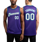 Custom Purple Black Pinstripe White-Teal Authentic Basketball Jersey worn front and back