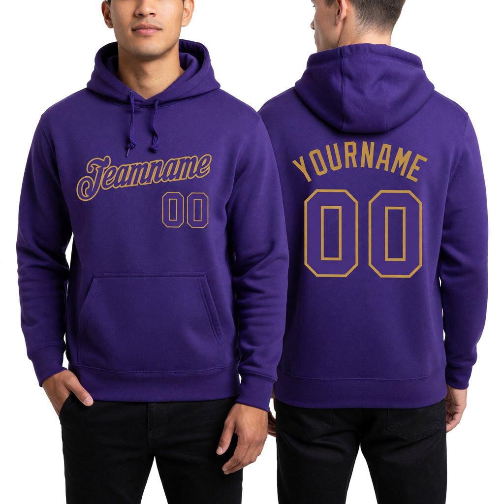 Custom Stitched Purple Purple-Old Gold Sports Pullover Sweatshirt Hoodie worn front and back