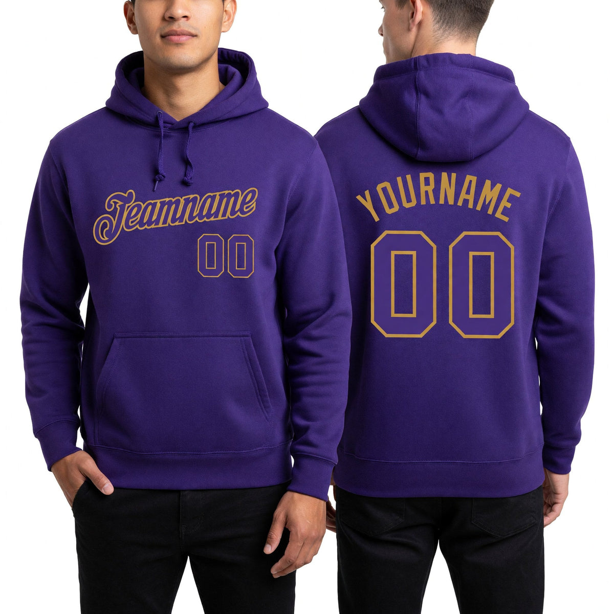 Custom Stitched Purple Purple-Old Gold Sports Pullover Sweatshirt Hoodie worn front and back