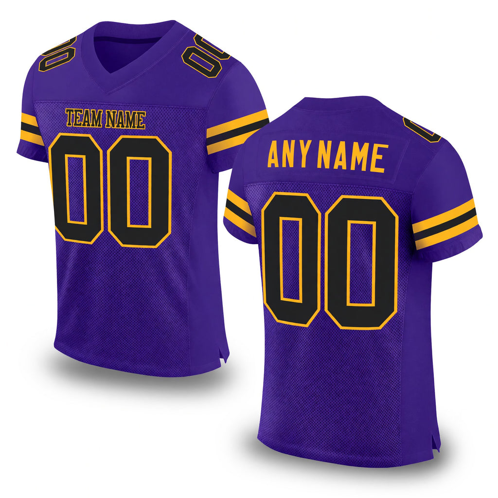 Custom Purple Black-Gold Mesh Authentic Football Jersey