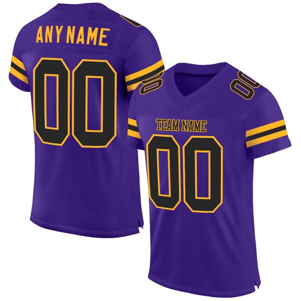 Custom Purple Black-Gold Mesh Authentic Football Jersey photo 1
