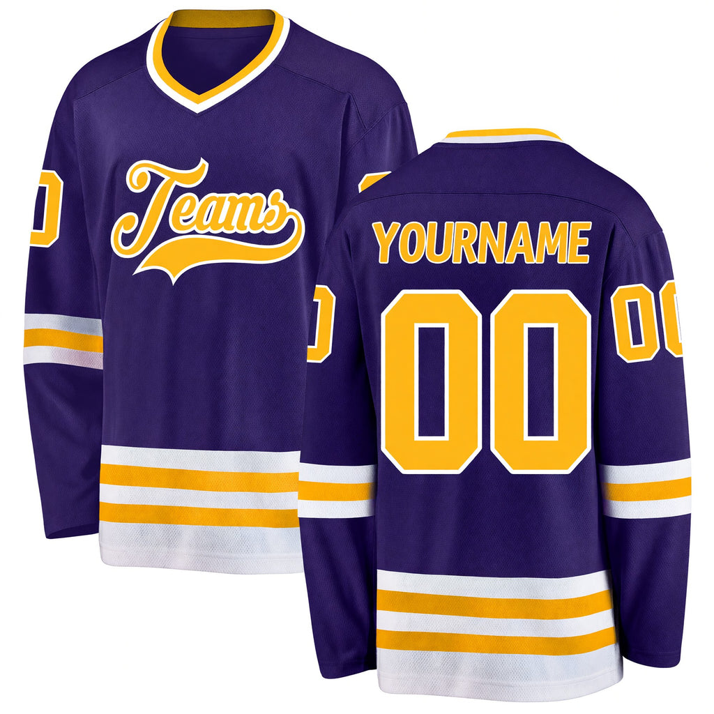 Custom Purple Gold-White Hockey Jersey