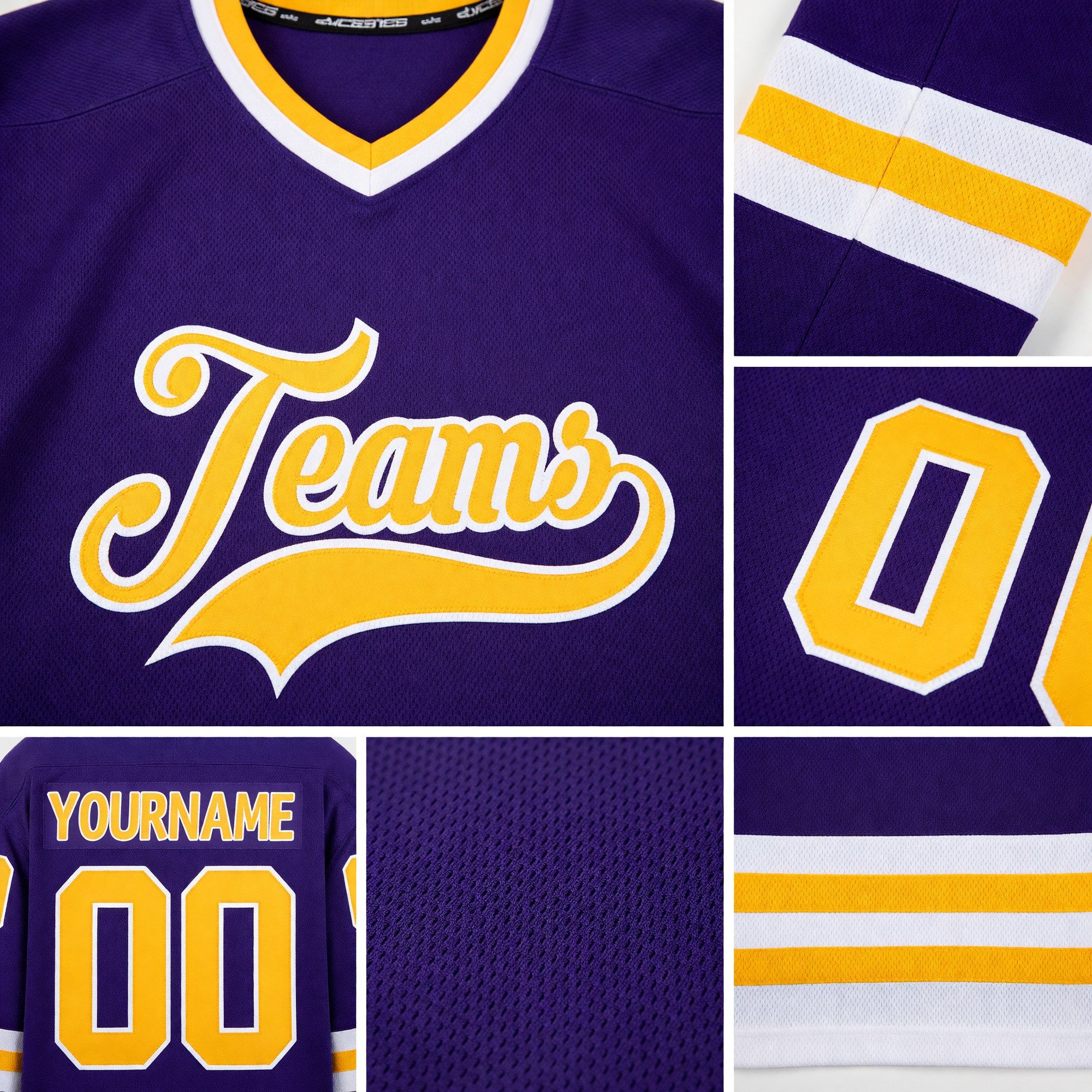 Custom Purple Gold-White Hockey Jersey detail
