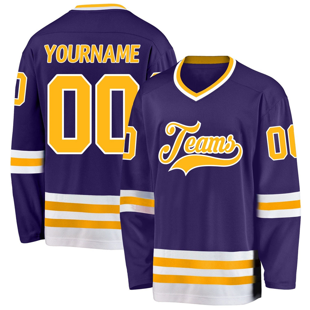 Custom Purple Gold-White Hockey Jersey photo 1