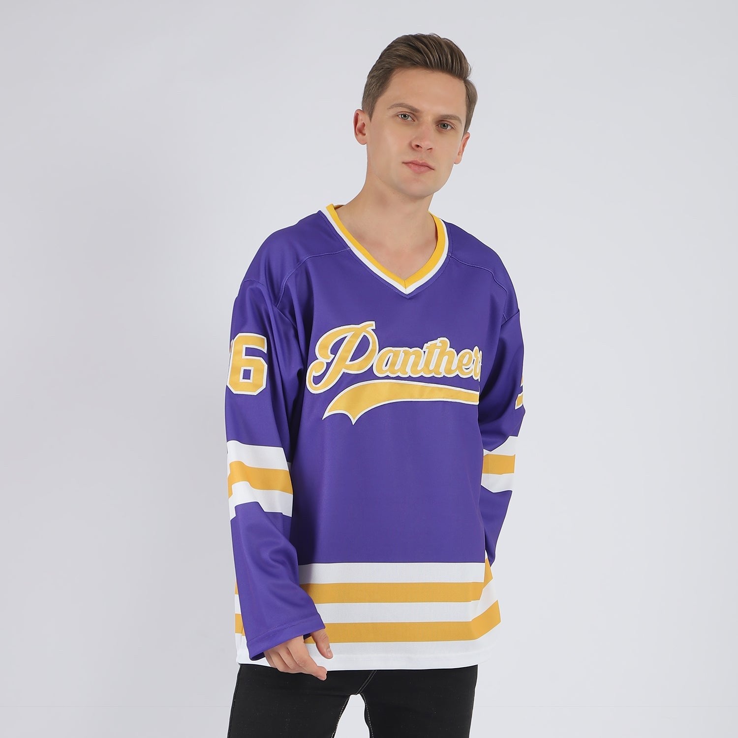 Custom Purple Gold-White Hockey Jersey photo 2