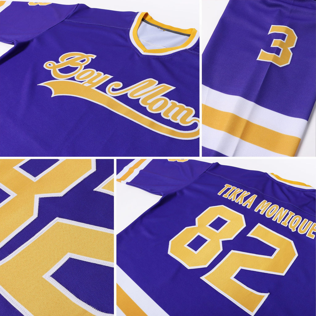 Custom Purple Gold-White Hockey Jersey photo 7