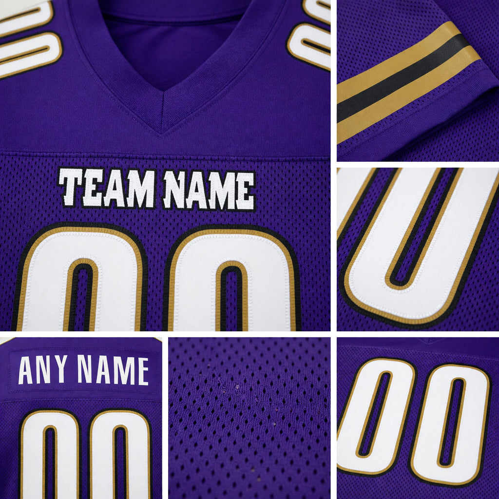 Custom Purple White-Old Gold Mesh Authentic Football Jersey detail