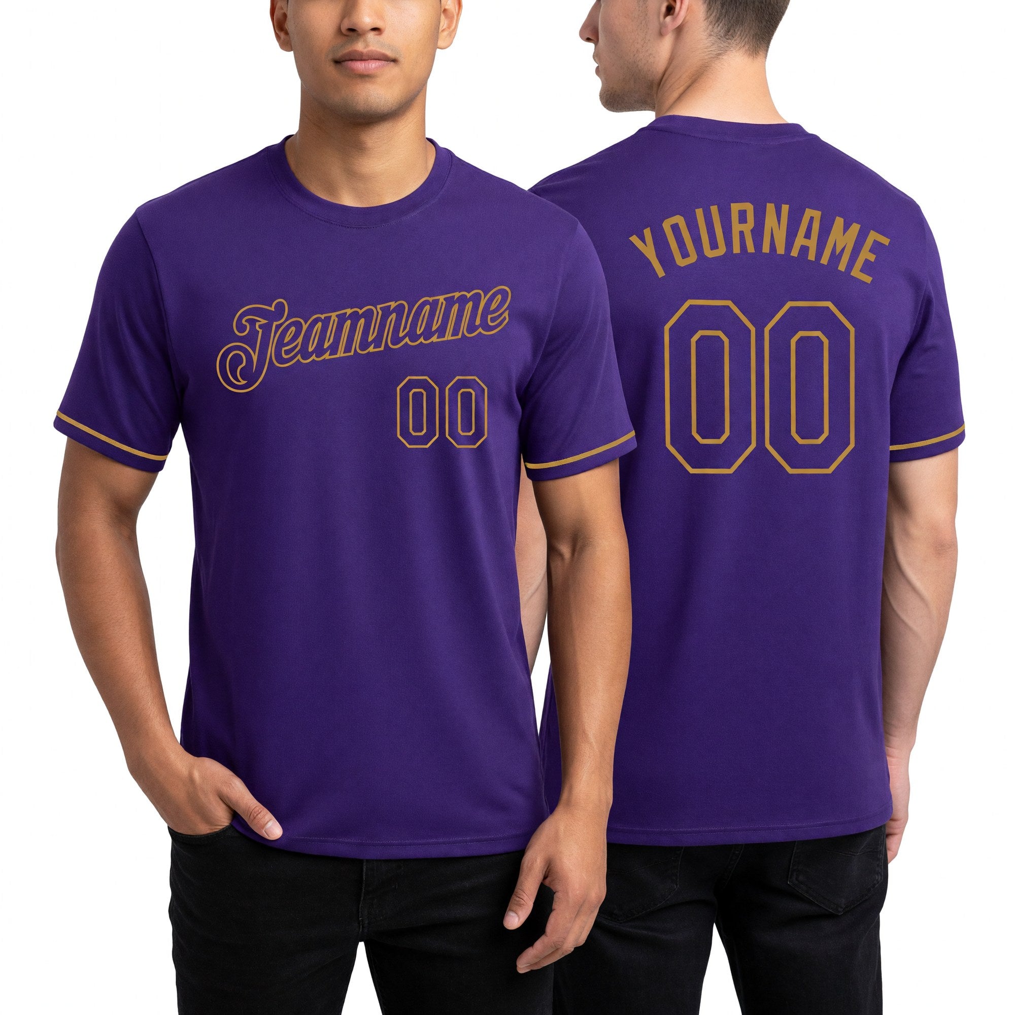 Custom Purple Purple-Old Gold Performance T-Shirt worn front and back