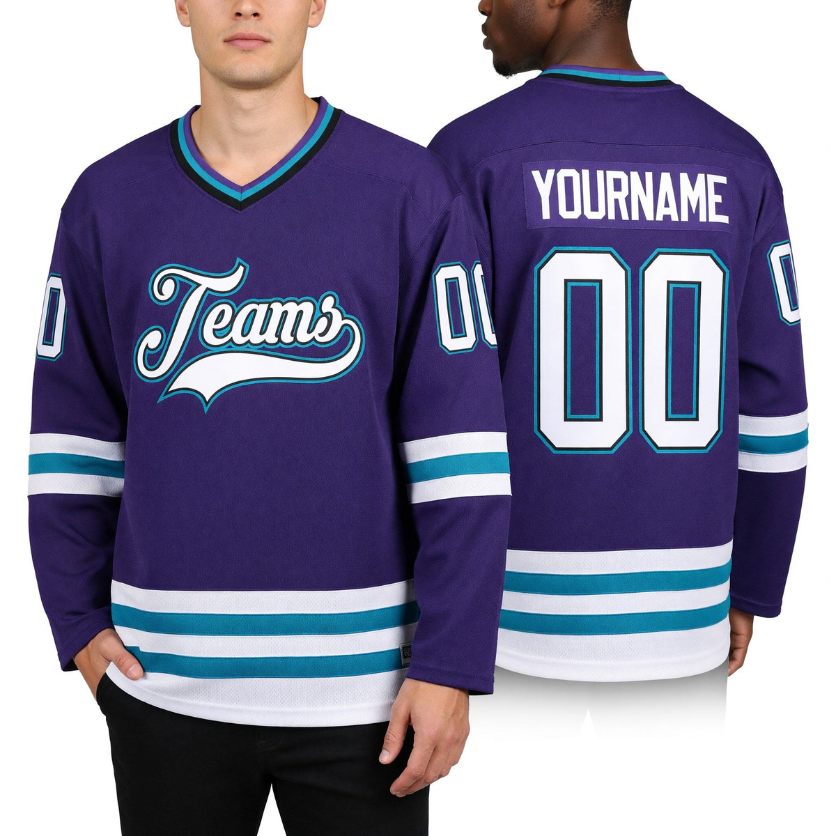 Custom Purple White-Teal Hockey Jersey worn front and back