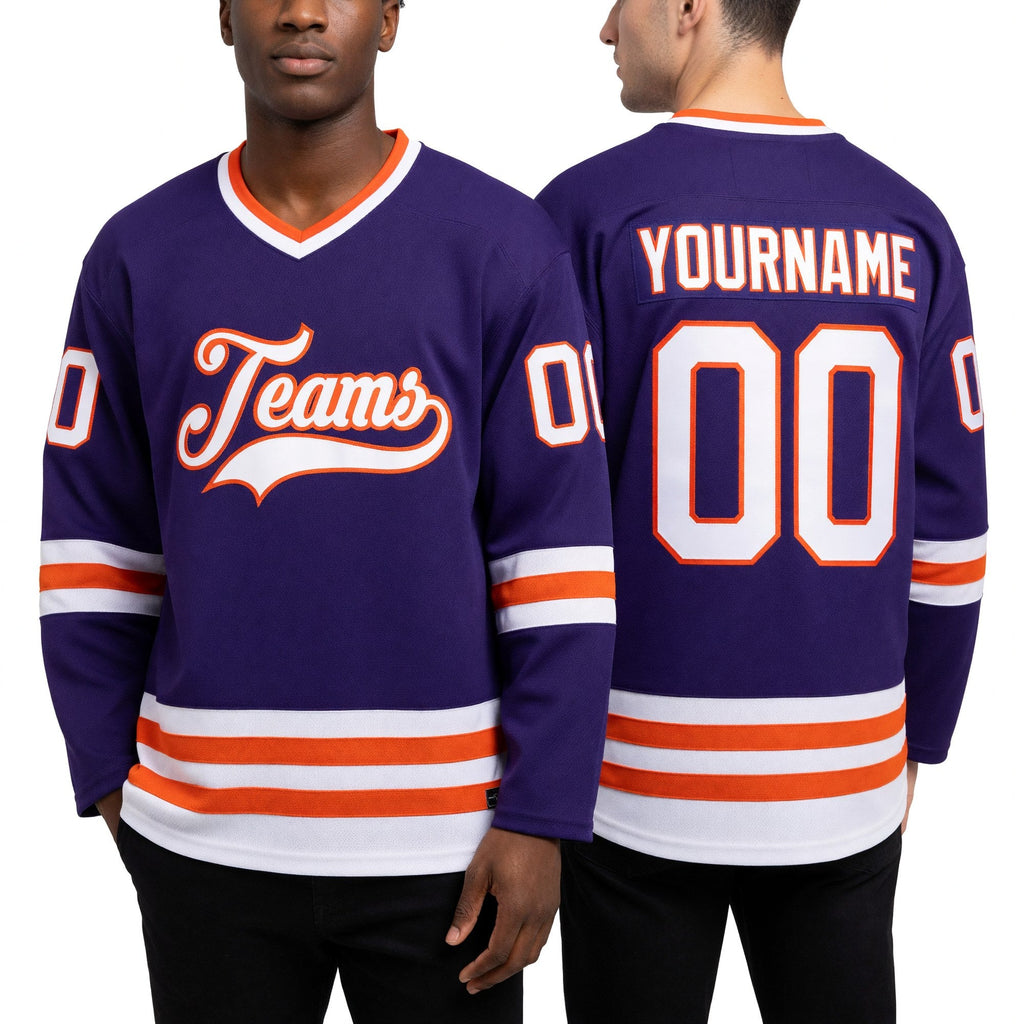 Custom Purple White-Orange Hockey Jersey worn front and back
