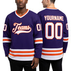 Custom Purple White-Orange Hockey Jersey worn front and back