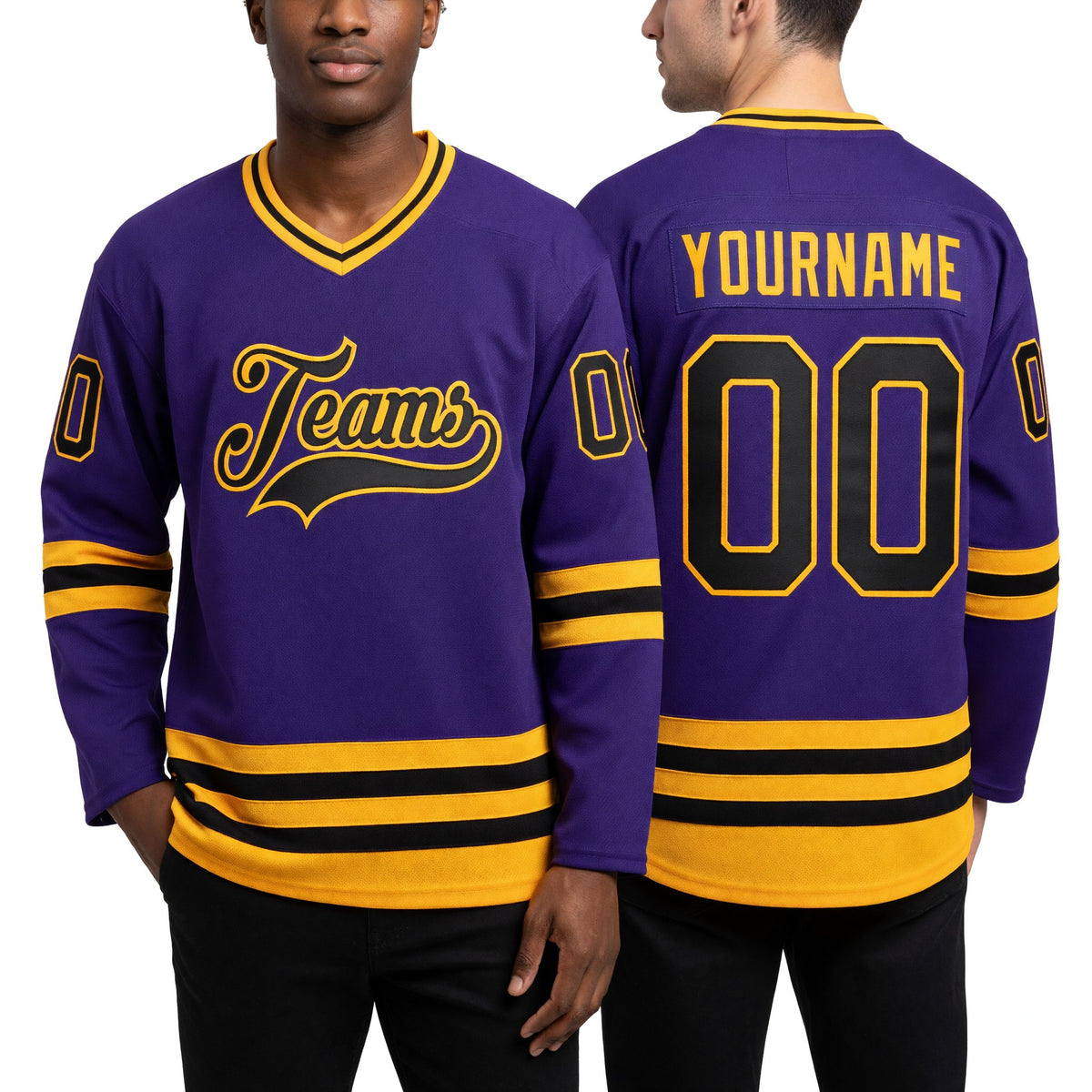 Custom Purple Black-Gold Hockey Jersey worn front and back
