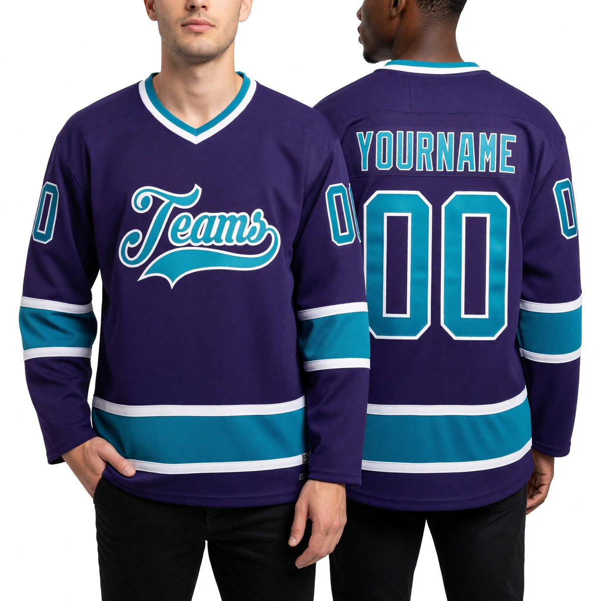 Custom Purple Teal-White Hockey Jersey worn front and back