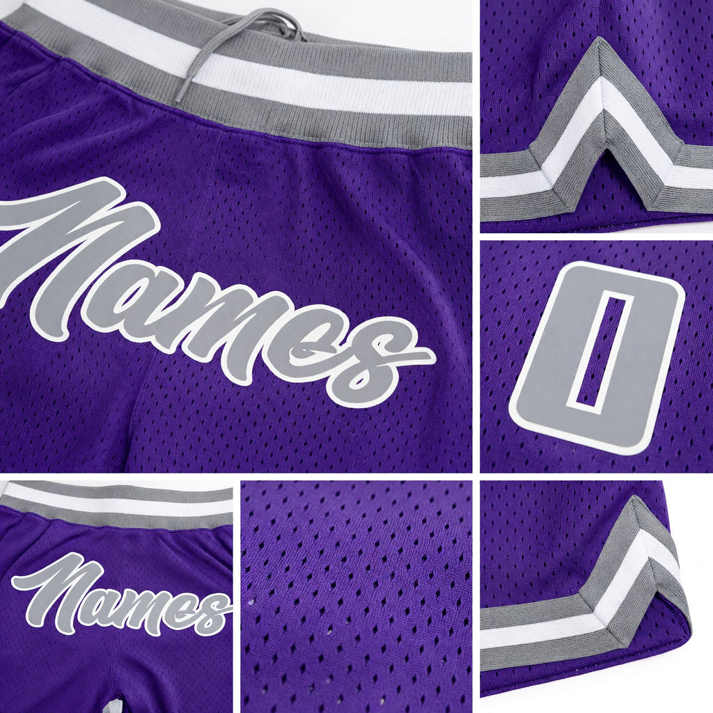 Custom Purple Gray-White Authentic Throwback Basketball Shorts detail