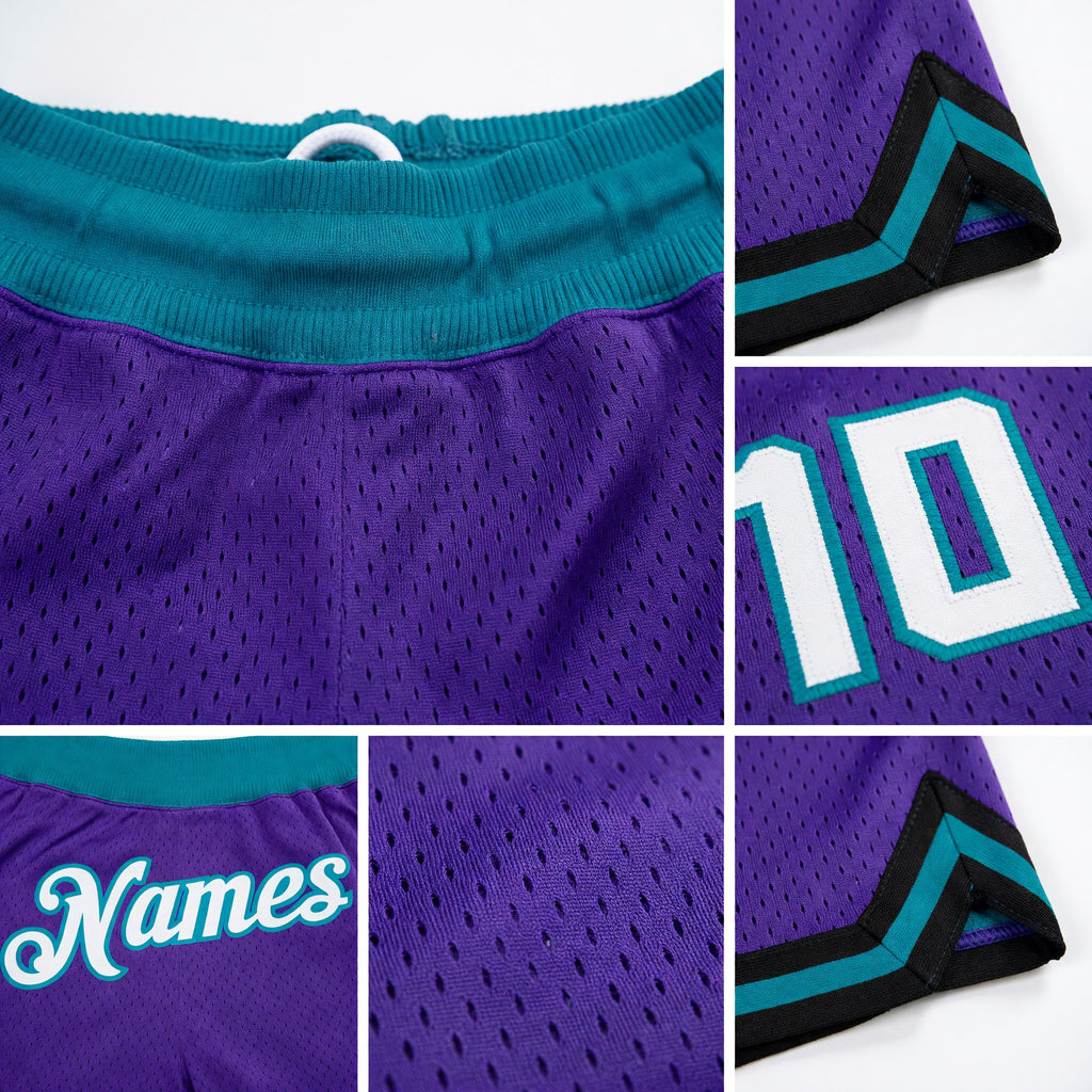 Custom Purple White-Teal Authentic Throwback Basketball Shorts detail