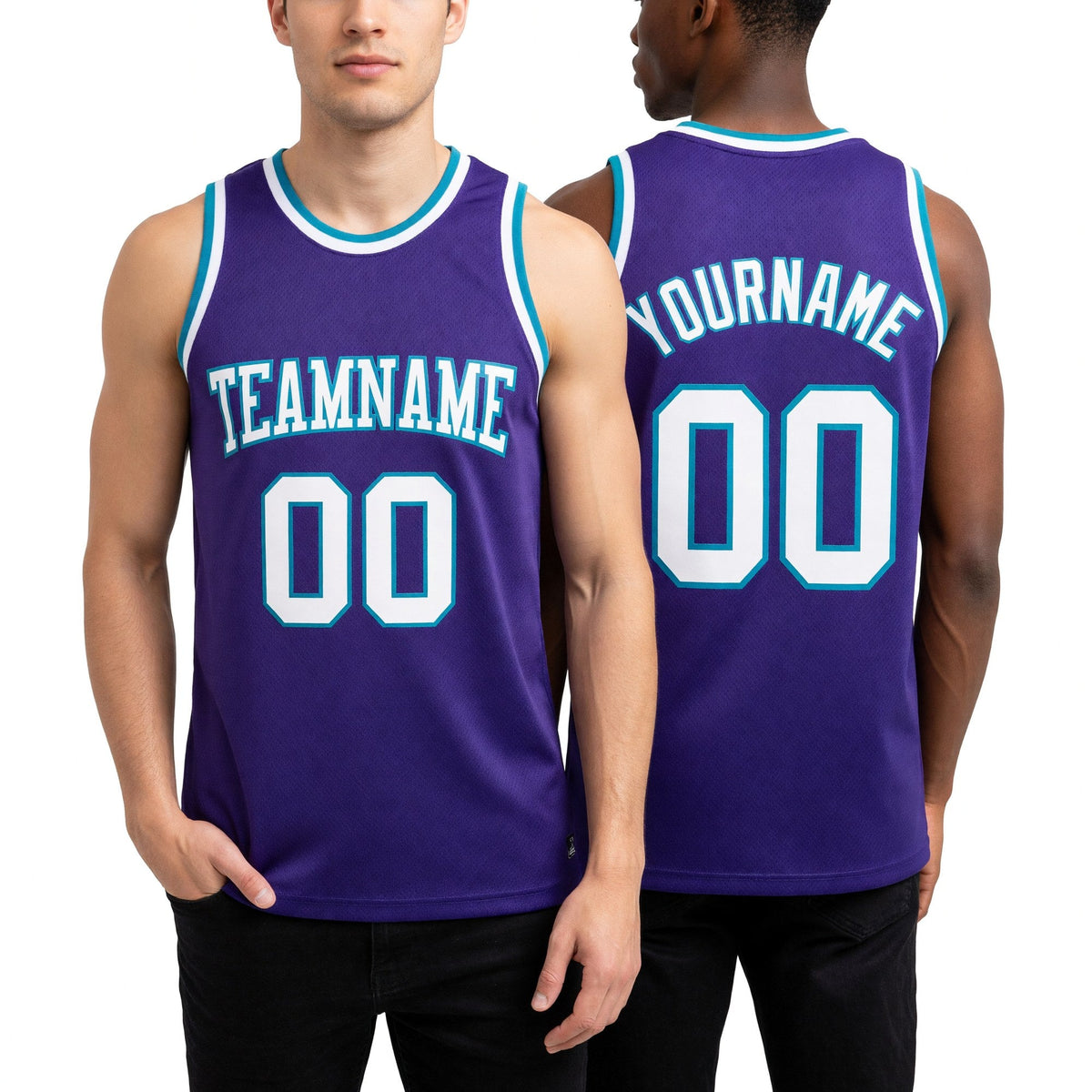 Custom Purple White-Teal Authentic Throwback Basketball Jersey worn front and back
