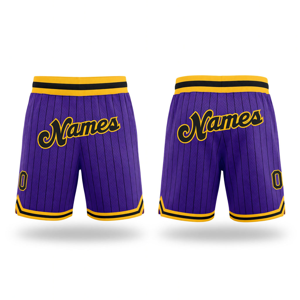 Custom Purple Black Pinstripe Black-Gold Authentic Basketball Shorts