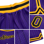 Custom Purple Black Pinstripe Black-Gold Authentic Basketball Shorts detail