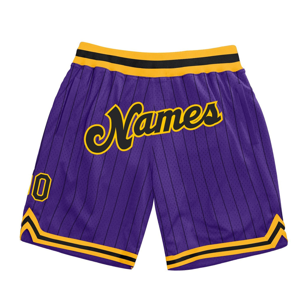 Custom Purple Black Pinstripe Black-Gold Authentic Basketball Shorts photo 1
