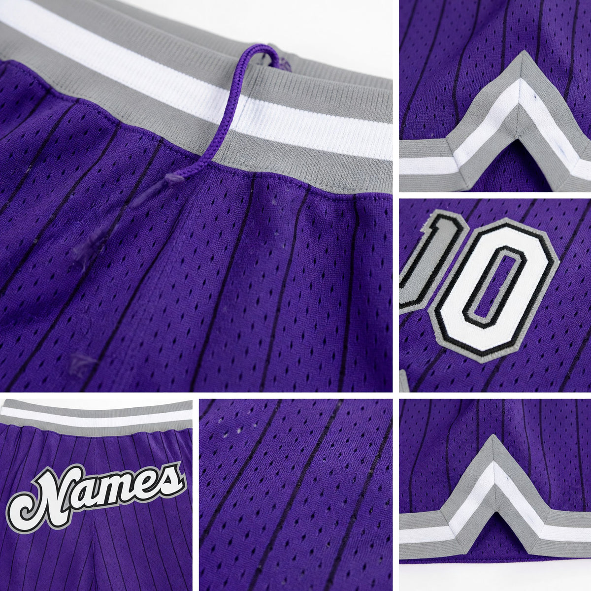 Custom Purple Black Pinstripe White-Gray Authentic Basketball Shorts detail