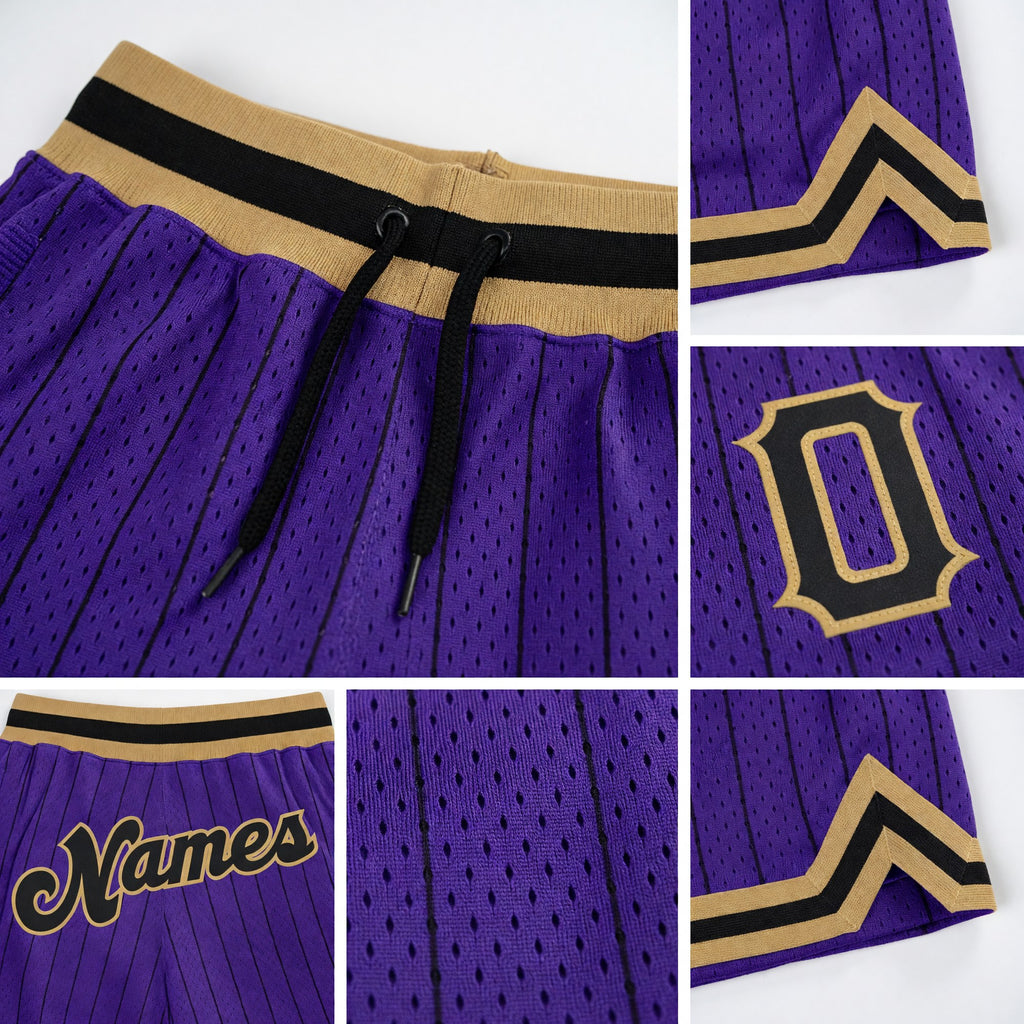 Custom Purple Black Pinstripe Black-Old Gold Authentic Basketball Shorts detail