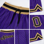 Custom Purple Black Pinstripe Black-Old Gold Authentic Basketball Shorts detail